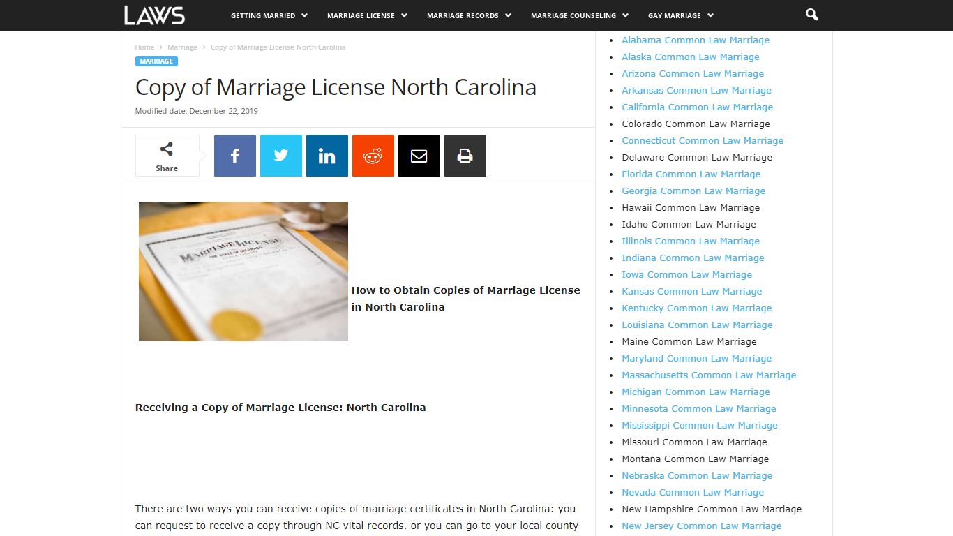 Copy of Marriage License North Carolina - Marriage - LAWS.com