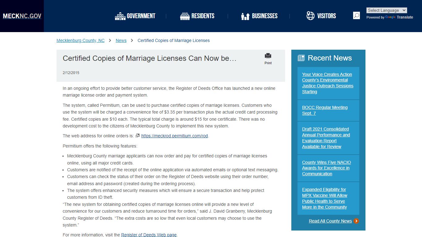 Certified Copies of Marriage Licenses Can Now be Ordered Online